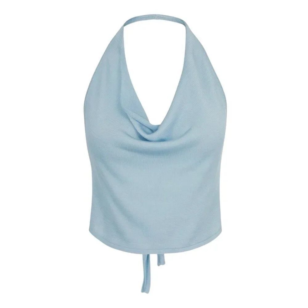 New Aya Muse Cinnabar Knit Tied Draped Halter Crop Top M Light Sky Blue